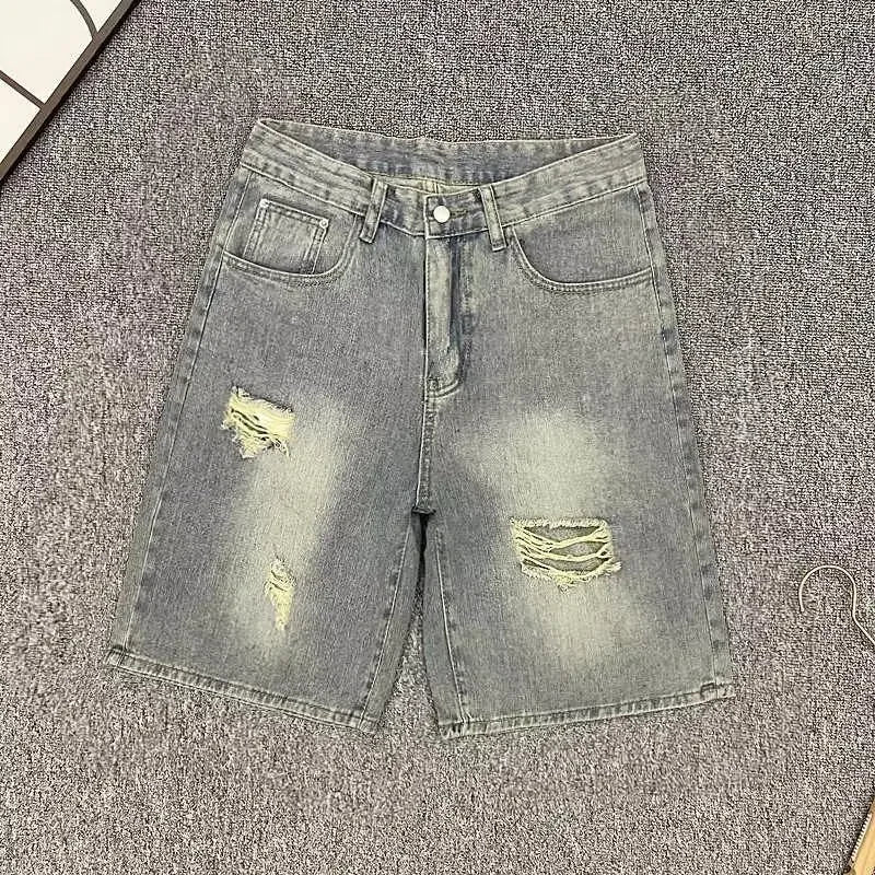 Ripped Denim Shorts Men's American Fashion Brand Loose Straight