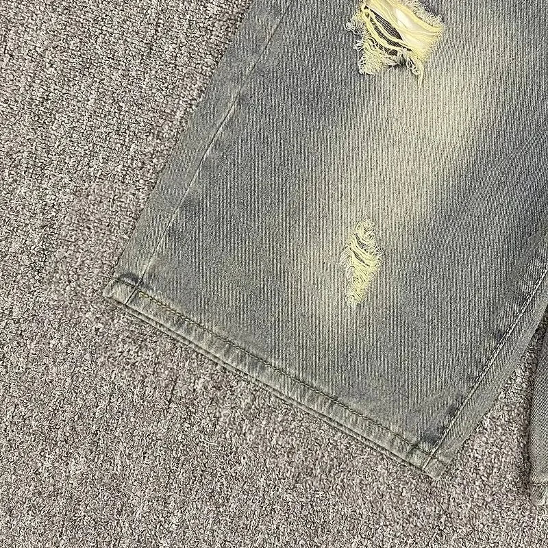 Ripped Denim Shorts Men's American Fashion Brand Loose Straight
