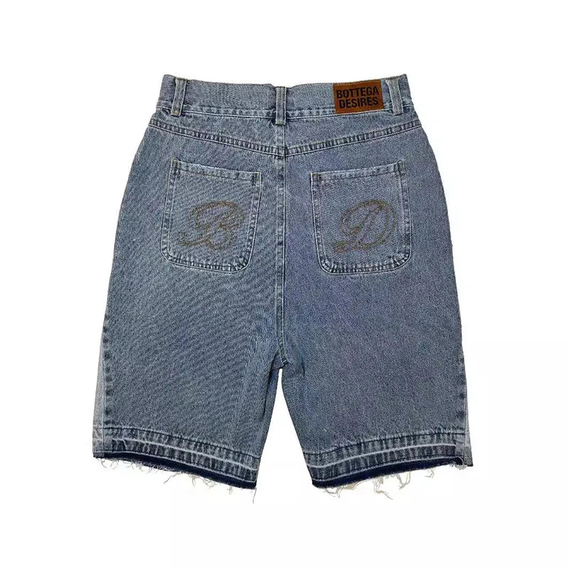 American Style Harajuku Retro Denim Shorts with Letter Embroidery