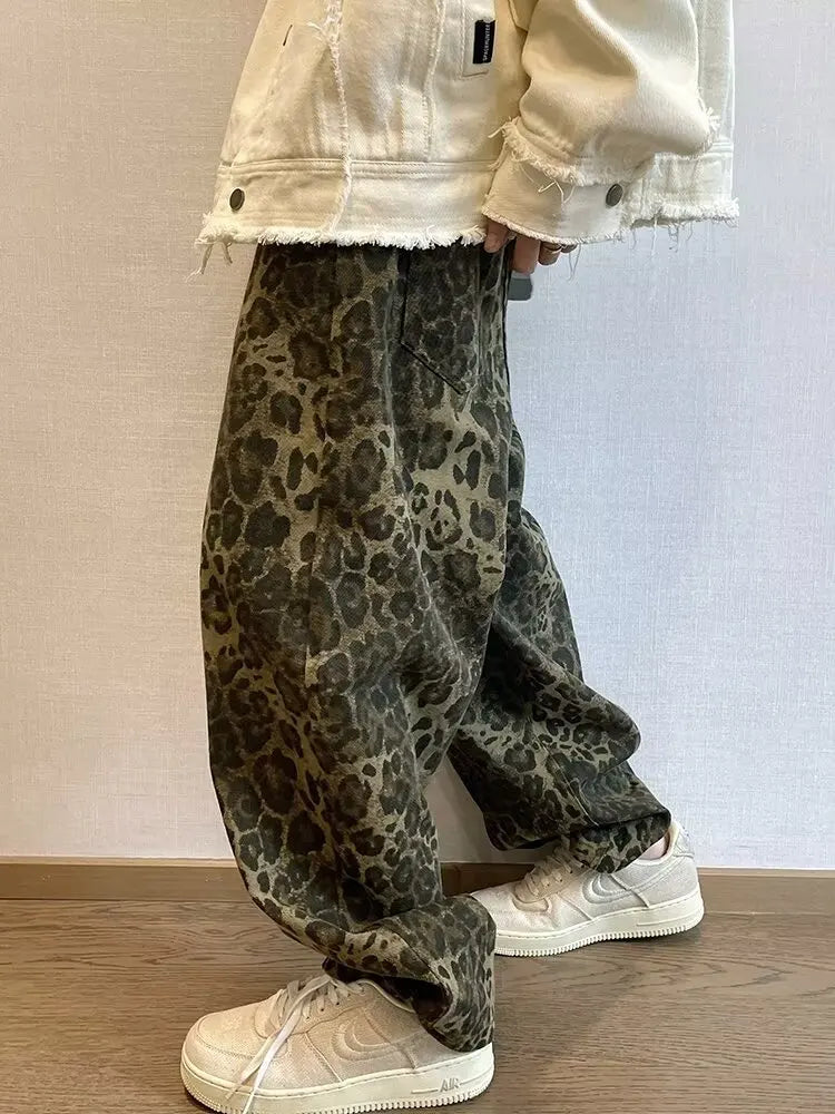 Autumn Tan Leopard Jeans Men Denim Pants Male Oversize Wide Leg