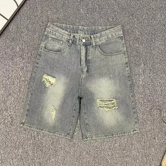 Ripped Denim Shorts Men's American Fashion Brand Loose Straight