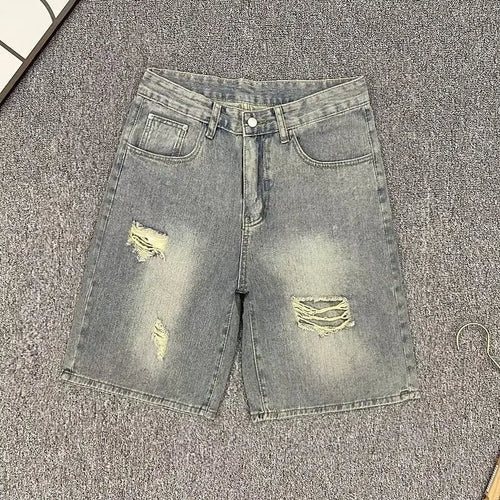 Ripped Denim Shorts Men's American Fashion Brand Loose Straight