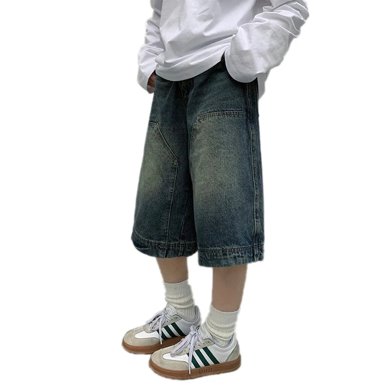Y2K Vintage Baggy Jean Shorts Womens Washed Wide Leg Capri Pants