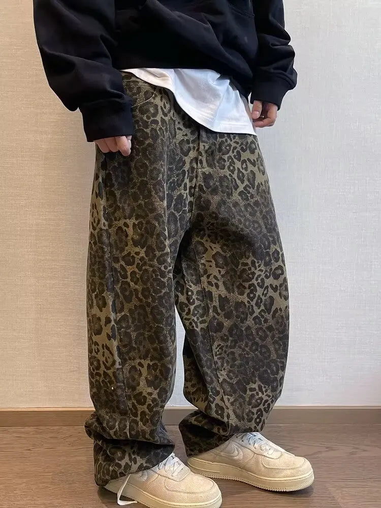 Autumn Tan Leopard Jeans Men Denim Pants Male Oversize Wide Leg