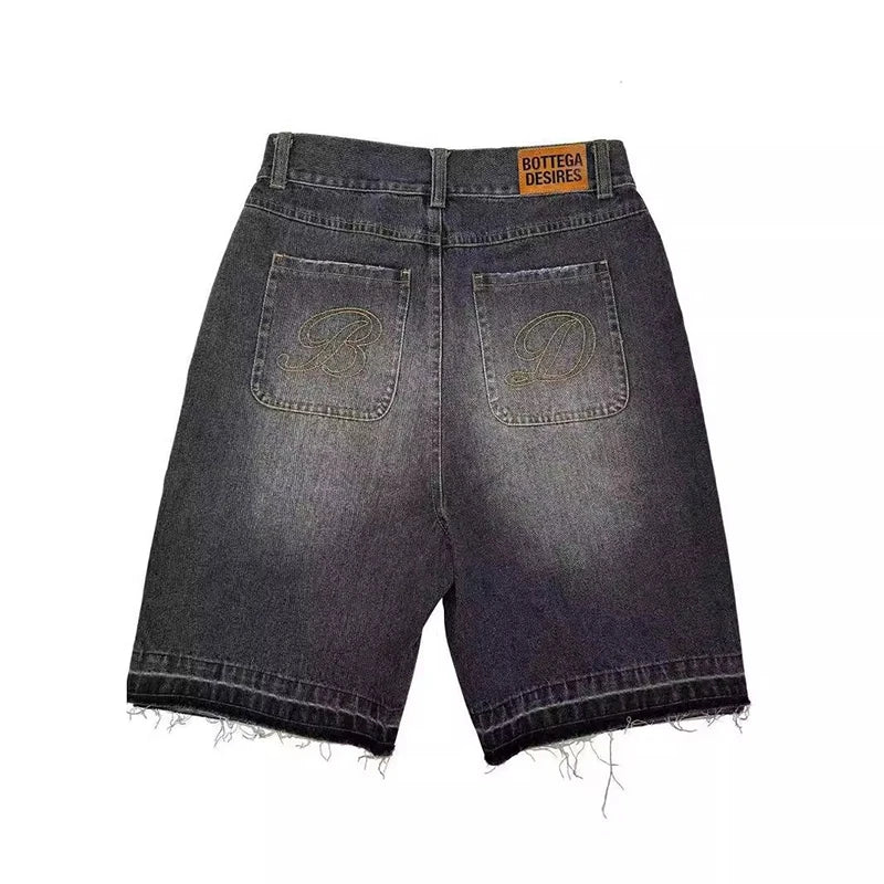 American Style Harajuku Retro Denim Shorts with Letter Embroidery