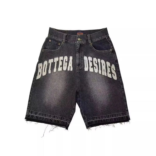 American Style Harajuku Retro Denim Shorts with Letter Embroidery