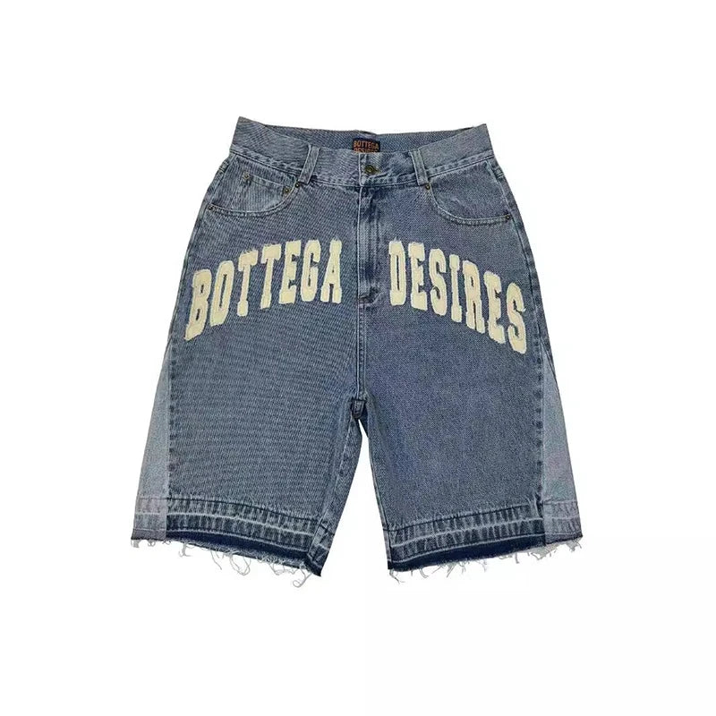 American Style Harajuku Retro Denim Shorts with Letter Embroidery