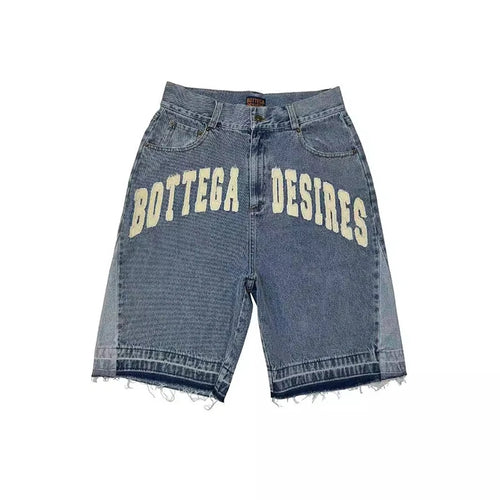 American Style Harajuku Retro Denim Shorts with Letter Embroidery