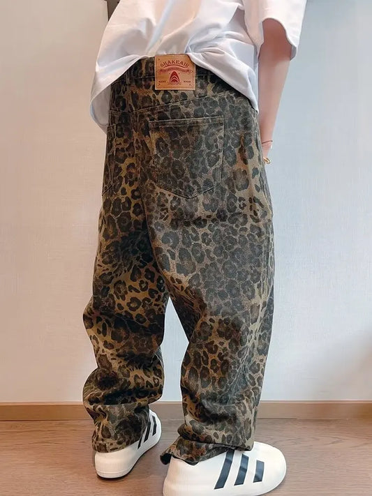 Autumn Tan Leopard Jeans Men Denim Pants Male Oversize Wide Leg