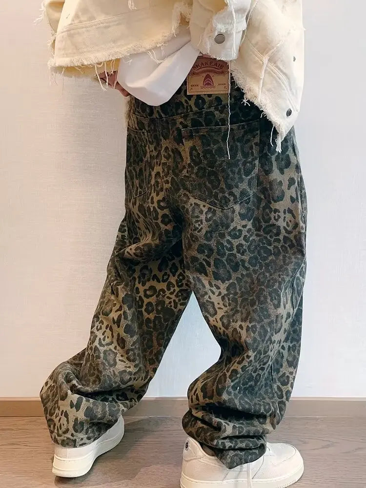 Autumn Tan Leopard Jeans Men Denim Pants Male Oversize Wide Leg