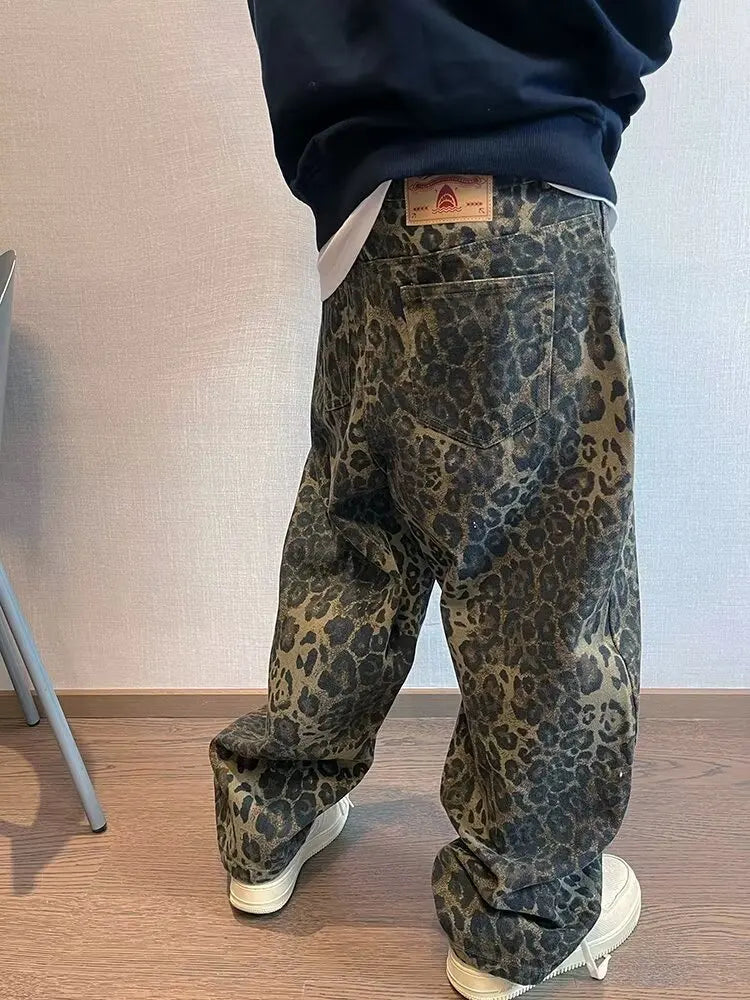 Autumn Tan Leopard Jeans Men Denim Pants Male Oversize Wide Leg