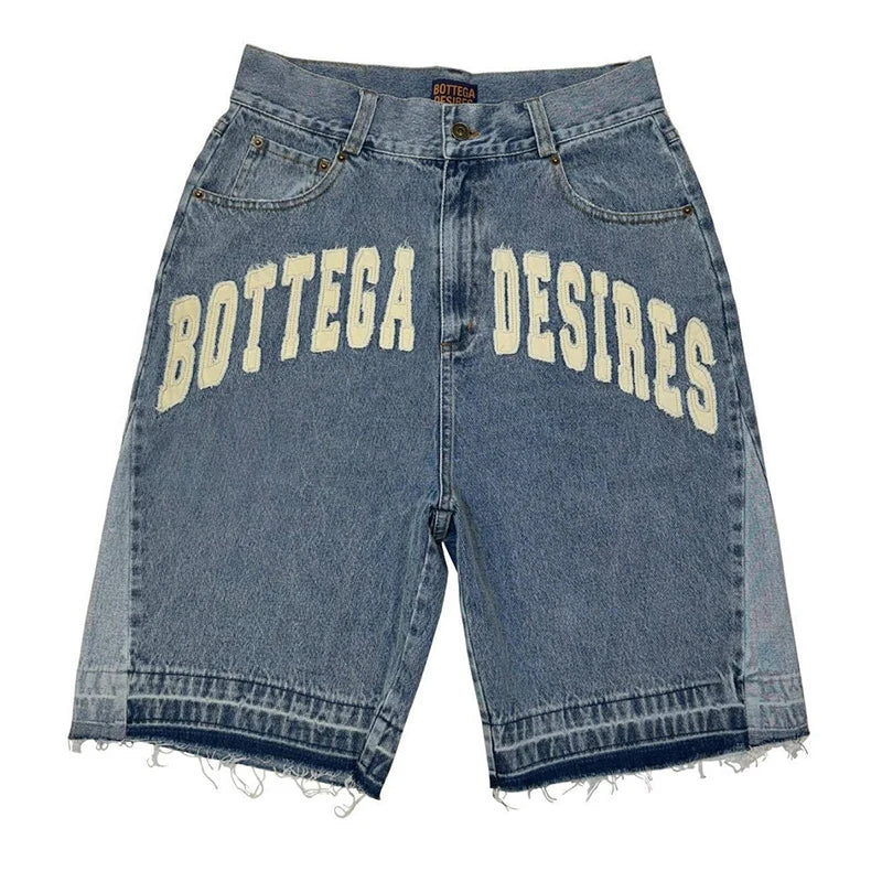 American Style Harajuku Retro Denim Shorts with Letter Embroidery