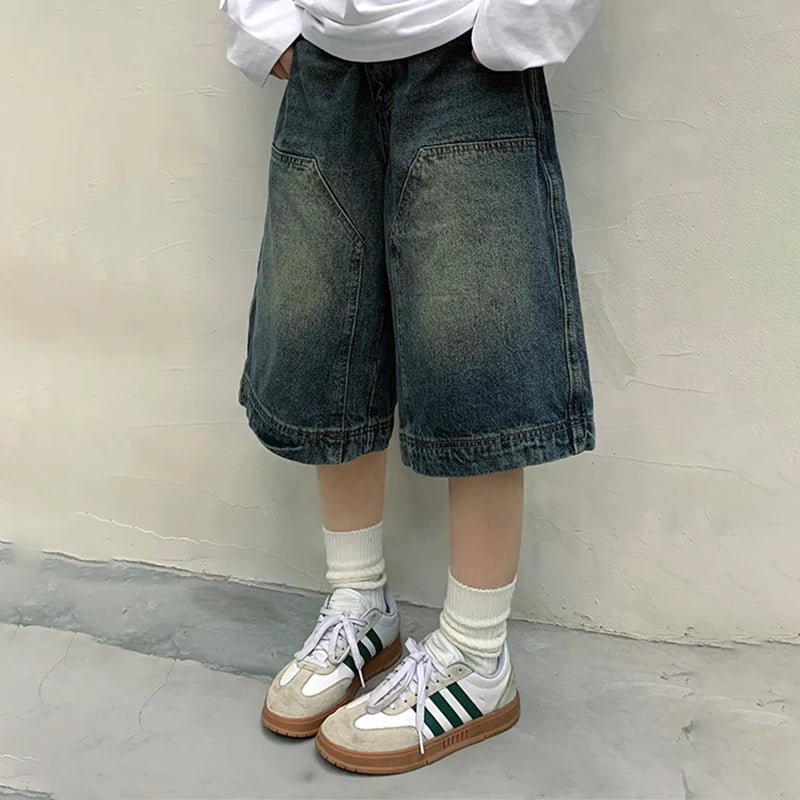 Y2K Vintage Baggy Jean Shorts Womens Washed Wide Leg Capri Pants
