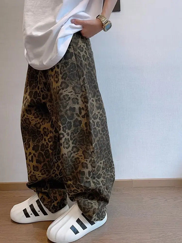 Autumn Tan Leopard Jeans Men Denim Pants Male Oversize Wide Leg