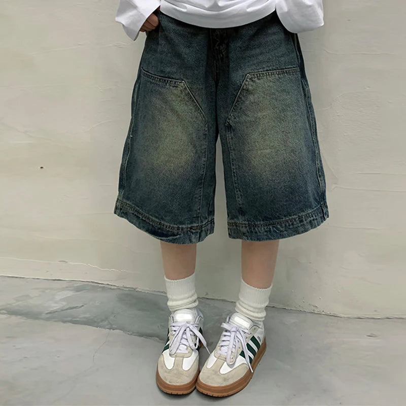 Y2K Vintage Baggy Jean Shorts Womens Washed Wide Leg Capri Pants